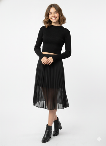 Black Pleated Sheer Midi Skirt - revolutionfashionwear