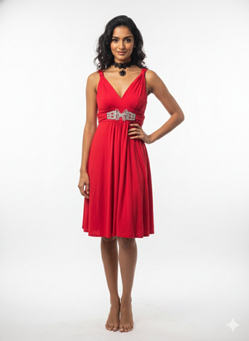 Red Embellished Waist Dress – Knee-Length with Back Bow - revolutionfashionwear