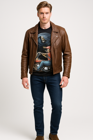 Distressed Brown Leather Biker Jacket – Vintage Rebel Edition - revolutionfashionwear