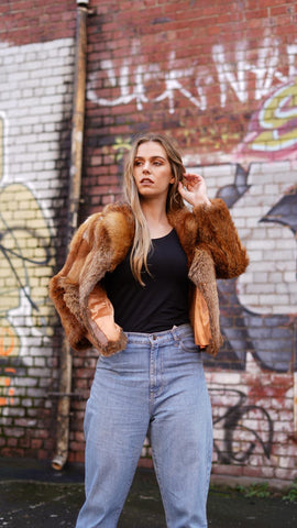 Faux Fur Cropped Jacket & High-Waisted Jean Ash Brown & Light Wash - revolutionfashionwear