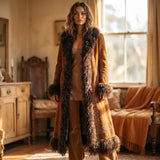 Vintage tan suede afghan coat with curly shearling trim