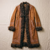 Vintage tan suede afghan coat with curly shearling trim