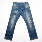 Washed blue moto-panel straight leg jeans