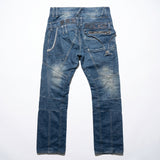 Washed blue moto-panel straight leg jeans