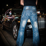 Washed blue moto-panel straight leg jeans