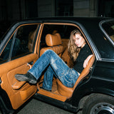 Washed blue moto-panel straight leg jeans