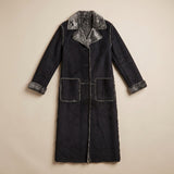 Black shearling long coat with grey wool trim