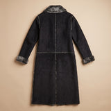 Black shearling long coat with grey wool trim
