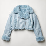 Pale blue cropped shearling aviator jacket