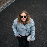 Pale blue cropped shearling aviator jacket