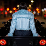 Pale blue cropped shearling aviator jacket