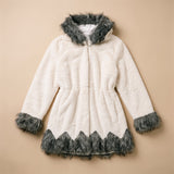 Cream faux fur hooded coat with grey trim