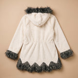 Cream faux fur hooded coat with grey trim