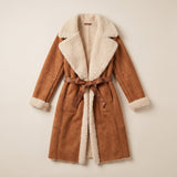 Tan belted shearling coat with cream wool trim