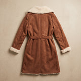 Tan belted shearling coat with cream wool trim