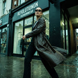 Brown leather trench coat