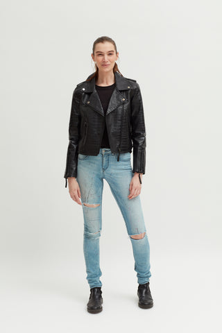 Ladies Revolution Label Cropped PU Crocodile Print Jacket - revolutionfashionwear